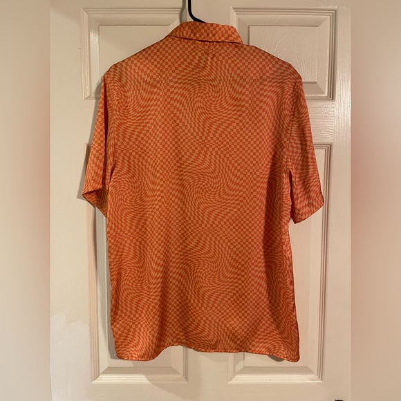Zara Mens orange satin checkered button-down shortsleeve shirt - Picture 2 of 2